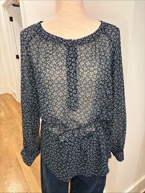 Gerard Darel Navy and Light Blue Sheer Tie-Front Blouse